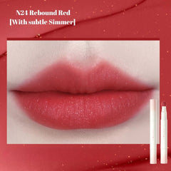Lipstick with a close-up of lips wearing - JUDYDOLL Cushion Matte Lock Lip Cream - N24 Rebound Red [With subtle Simmer]-THE COSMETIC STORE NZ