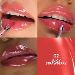 Lipstick application on lips with 'Juicy Strawberry' color swatch-JUDYDOLL Dual Flash Watery Lip Gloss -02 Juicy Strawberry-THE COSMETIC STORE NZ