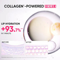 Advertisement for a collagen-powered lip hydration product showing before and after effects. - JUDYDOLL Dual Flash Watery Lip Gloss -02 Juicy Strawberry-THE COSMETIC STORE NZ