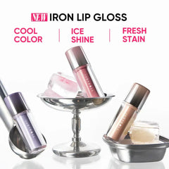 Lip gloss products with 'NEW IRON LIP GLOSS' text and color descriptors- JUDYDOLL Dual Flash Watery Lip Gloss -02 Juicy Strawberry-THE COSMETIC STORE NZ