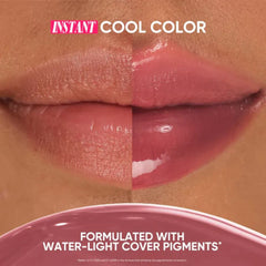 Lip Tint swatch on lips with text 'Instant Cool Color' and 'Formulated with Water-Light Cover Pigments'.- JUDYDOLL Dual Flash Watery Lip Gloss -02 Juicy Strawberry-THE COSMETIC STORE NZ