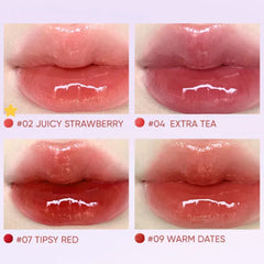 Four different shades of lip gloss applied to lips with color swatches labeled #02 Juicy Strawberry, #04 Extra Tea, #07 Tipsy Red, and #09 Warm Dates.- JUDYDOLL Dual Flash Watery Lip Gloss -02 Juicy Strawberry-THE COSMETIC STORE NZ