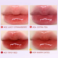 Four different shades of lip gloss applied to lips with color swatches labeled #02 Juicy Strawberry, #04 Extra Tea, #07 Tipsy Red, and #09 Warm Dates.- JUDYDOLL Dual Flash Watery Lip Gloss 
