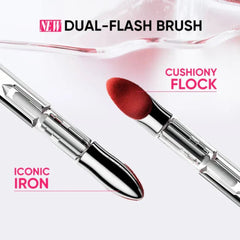 Lipstick with red applicator and silver casing on a white background, featuring text about dual-flash brush and cushiony flock.- JUDYDOLL Dual Flash Watery Lip Gloss 2.4g -09 Warm Dates-THE COSMETIC STORE NZ