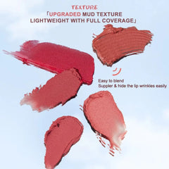 Textured makeup swatches with red and pink shades on a light blue background- JUDYDOLL Lip Mud 3.3g -P04 Apple Peel [Warm Apple Red]-THE COSMETIC STORE NZ