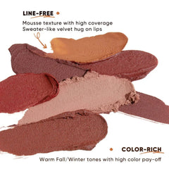 Close-up of mousse texture with high coverage and color-rich warm fall/winter tones - JUDYDOLL Lip Mud 3.3g -P04 Apple Peel [Warm Apple Red]-THE COSMETIC STORE NZ