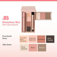 Makeup kit with components and color swatches - JUDYDOLL Mini Makeup Palette 10g- 05 Sleepless Box (with Liquid Lipstick) [Compact Eyeshadow Contour Palette]-THE COSMETIC STORE NZ