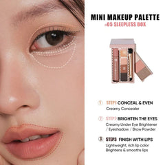 Makeup palette with concealer, brightener, and lip product on a close-up of a woman's eye.- JUDYDOLL Mini Makeup Palette 10g- 05 Sleepless Box (with Liquid Lipstick) [Compact Eyeshadow Contour Palette]-THE COSMETIC STORE NZ