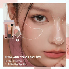 Close-up of a woman's face with makeup products and step-by-step guide on adding color and glow.- JUDYDOLL Mini Makeup Palette 10g- 05 Sleepless Box (with Liquid Lipstick) [Compact Eyeshadow Contour Palette]-THE COSMETIC STORE NZ