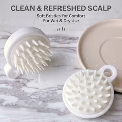 White scalp scrubber with soft bristles on a marble surface, labeled 'Clean & Refreshed Scalp'.-THE COSMETIC STORE NZ