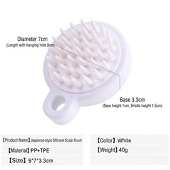 White Japanese-style silicone scalp brush with specifications on a white background
