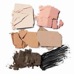 Four rectangular pressed powder swatches in light beige, peachy pink, tan, and dark brown, arranged above a black cream product swatch on a white background.-JudyDoll Mini Makeup Palette 10g-01 Earthy Box (with mini mascara) All-in-One Travel Kit-The Cosmetic Store NZ.
