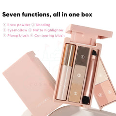 A pink makeup palette set shown open on a white background, with text reading 'Seven functions, all in one box' and numbered callouts for brow powder, shading, eyeshadow, matte highlighter, plump blush, and contouring blush. The set includes multiple blush and makeup shades in a coordinated pastel palette.
