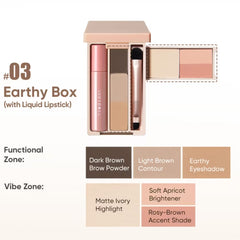 JudyDoll Earthy Box makeup palette in shade 03, featuring a liquid lipstick, brow powder, contour, eyeshadow, highlighter, and accent shade, with color swatches and functional zone labels on a white background.- • Lifestyle/Size Comparison Image: Travel size Judydoll all in one mini makeup palette held in hand