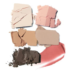 Six crushed powder makeup swatches in beige, pink, tan, brown, and rosy brown tones arranged on a white background, with one larger swatch showing a textured cream-pink smear.- • Judydoll Portable Makeup Palette 03 Earthy Box: Main Product Image (Opened with Mirror): Judydoll Portable Makeup Palette 03 Earthy Box showing mirror and compact shades NZ