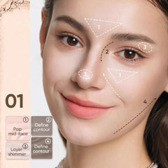 Close-up of a woman's face with makeup application tips -Judydoll 2 IN 1 Highlighter Contour Palette 9g - 01 Wave Shadow Palette-THE COSMETIC STORE NZ