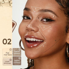 Woman applying makeup with arrows indicating application points on her face, next to a color swatch.- Judydoll 2 IN 1 Highlighter Contour Palette 9g - 02  Tree Shadow Palette-THE COSMETIC STORE NZ