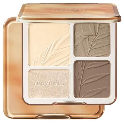 Makeup palette with four shades in a gold and white case, featuring the brand 'JudyDOLL'-Judydoll 2 IN 1 Highlighter Contour Palette 9g - 02  Tree Shadow Palette-THE COSMETIC STORE NZ