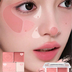 Close-up of a woman's face with makeup product application guide and pink makeup products.- Judydoll 2 in 1 Blush Highlight Palette 9g -02 Fresh Peach[ Cream + Powder Combo]-THE COSMETIC STORE NZ