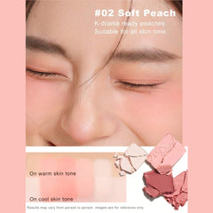Makeup product with color swatches and text on a pink background- Judydoll 2 in 1 Blush Highlight Palette 9g -02 Fresh Peach[ Cream + Powder Combo]-THE COSMETIC STORE NZ