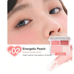 Close-up of a person's face with blush applied, featuring a cosmetic palette labeled 'Energetic Peach'. Judydoll 2 in 1 Blush Highlight Palette 9g -02 Fresh Peach[ Cream + Powder Combo]-THE COSMETIC STORE NZ