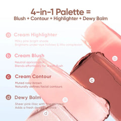 Makeup palette with cream highlighter, blush, contour, and dewy balm on a white background- Judydoll 2 in 1 Blush Highlight Palette 9g -02 Fresh Peach[ Cream + Powder Combo]-THE COSMETIC STORE NZ