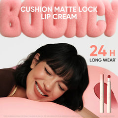 Advertisement for cushion matte lock lip cream with a woman - Judydoll Cushion Lip Powder Cream- N22 Bouncy Cinnamon [With subtle Simmer]-THE COSMETIC STORE NZ