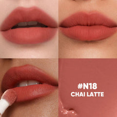Lipmud application on lips with '#N18 Chai Latte' color swatch.- Judydoll Cushion Lip Powder Cream- N18 Chai Latte-THE COSMETIC STORE NZ