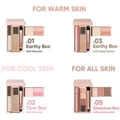 A four-quadrant beauty product chart showing different makeup boxes for warm, cool, and all skin types. The top-left quadrant shows a warm skin 'Earthy Box' with mascara, and the top-right shows a warm skin 'Earthy Box' with liquid lipstick.- • Pocket size Judydoll all in one cool toned taro makeup palette with mascara held in hand