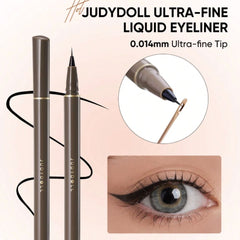 Judydoll ultra-fine liquid eyeliner with pen and close-up of application on eye.