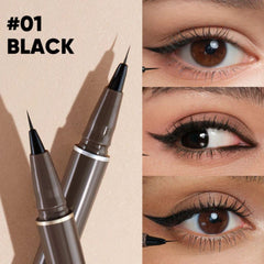 Eyeliner pen with close-up of eyes wearing black eyeliner on a beige background