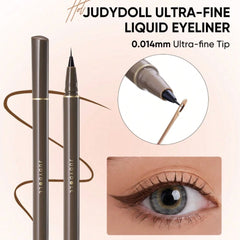Judydoll ultra-fine liquid eyeliner with close-up of pen, application on skin, and eye wear.-Judydoll Slim Liquid Eyeliner -02 DEEP BROWN-THE COSMETIC STORE NZ