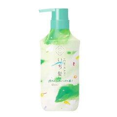 A bottle of ICHIKAMI hair conditioner with a mint green pump dispenser and a white body decorated with green watercolor splashes and small colorful floral details, shown on a plain white background.