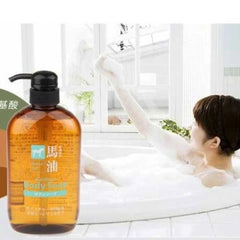 Daily hydrating body care routine using Kumano Yushi horse oil soap in bathroom