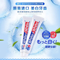 Two tubes of White & White toothpaste shown on a blue water-themed background with Japanese text and promotional badges.- Lion White & White Toothpaste 150g [Domestic Version]-THE COSMETIC STORE NZ.