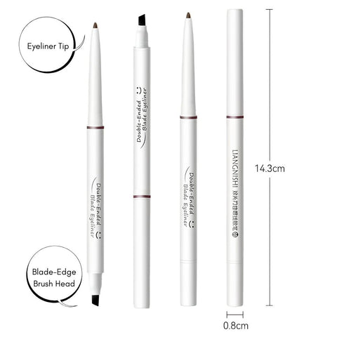 Double-ended blade eyeliner with eyeliner and brush tips, labeled 'Eyeliner Tip' and 'Blade-Edge Brush Head', -Lingnishi Natural Brown Eyeliner product image-THE COSMETIC STORE NZ