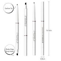 Double-ended blade eyeliner with eyeliner and brush tips, labeled 'Eyeliner Tip' and 'Blade-Edge Brush Head', -Lingnishi Natural Brown Eyeliner product image-THE COSMETIC STORE NZ