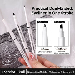 Dual-ended eyeliner pen with point and brush heads, held by a hand -THE COSMETIC STORE NZ