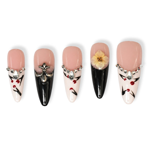 Press On Nails Gothic Cross Dark Punk Gel Nails | Almond Shape
