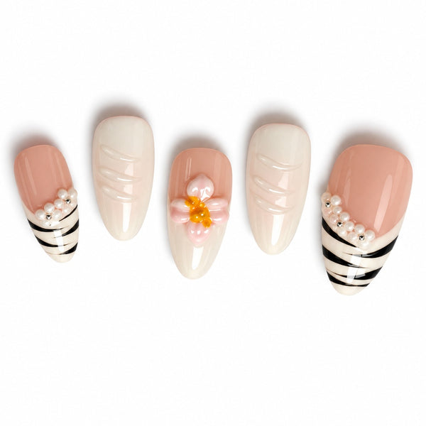 Press On Nails 3D Floral Pearl V-Tip Gel | Almond Shape