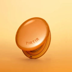 Round cosmetic compact with 'TIRTIR' branding on a yellow background