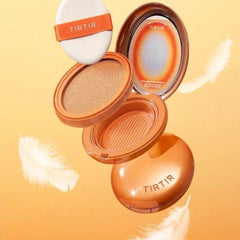 TIRTIR cosmetic compact on a yellow background with feathers