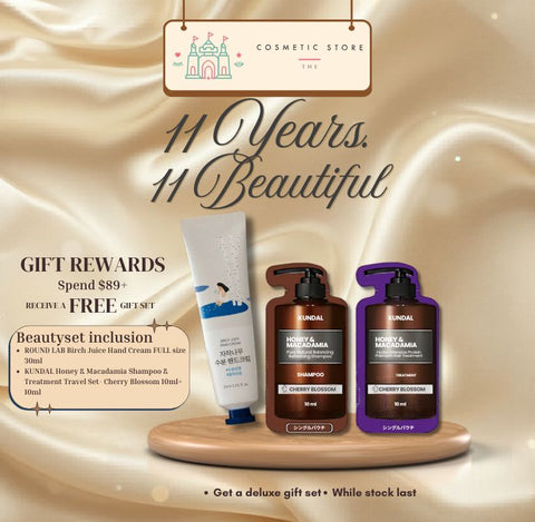 RIUND LAB skincare and KUNDAL hair care products with promotional text on a beige background