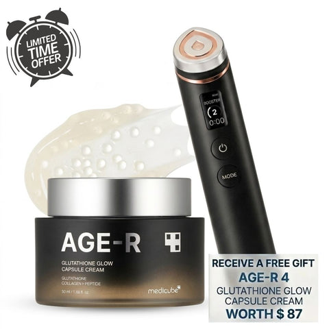 AGE-R skincare product set with cream jar and device on a white background, featuring a limited-time offer.-MEDICUBEAge-R Booster Pro Ex Black Edition Set [Buy 1 get 1 Free Gift]-THE COSMETIC STORE NZ
