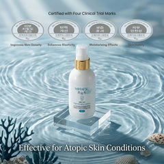 MIHAESU skincare bottle on water with clinical trial marks and text about skin conditions.-THE COSMETIC STORE NZ