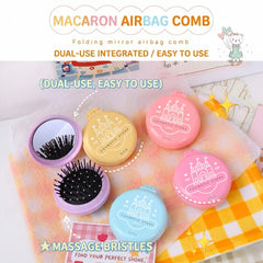 Set of colorful airbag combs with folding mirrors on a checkered fabric background.-THE COSMETIC STORE NZ