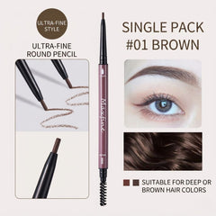 Maxfine ultra-fine round pencil with brown color swatch and application on eye and hair.-Maxfine Morandi Eyebrow Pencil 01 Brown-THE COSMETIC STORE Z