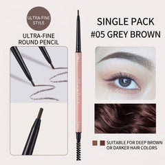 Maxfine Morandi Ultra Fine Eyebrow Pencil – 05 Grey Brown-Eyebrow pencil with application examples and color suitability for deep brown hair.-THE COSMETIC STORE NZ