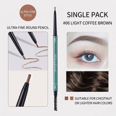 Maxfine Light Coffee Brown Brow Pencil 06-Eyebrow pencil with packaging and usage examples