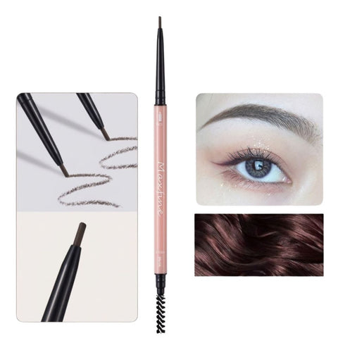 Maxfine Morandi Ultra Fine Eyebrow Pencil – 05 Grey Brown-Eyebrow pencil with close-up examples of use on skin and eye.